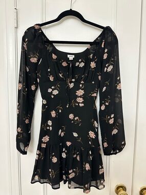 Garage Black Floral Long-Sleeve Tiered Mini Dress